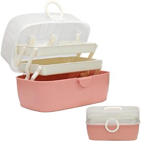 3-Layer Multipurpose Storage Box Organizer Folding Tool Box/Art & Crafts Case/Sewing Supplies Organizer/Medicine Box/Family First Aid Box with 2 Trays (Pink)
