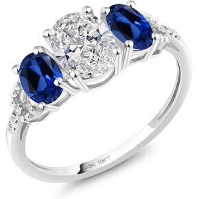 Gem Stone King 2.22 Cttw 10K White Gold IGI Certified Lab Grown Diamond and Blue Created Sapphire 3-Stone Engagement Ring | Center Oval Diamond 1.00 Ct | F-G Color | VS1 Clarity | Size 5,6,7,8,9