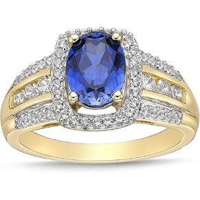 10K Yellow Gold, Lab Created Oval Gemstone & Lab Created White Sapphire Cushion Halo Fluted Filigree Cathedral Style Engagement Ring - Choice of Color