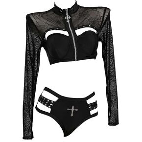 MEOWCOS Gothic Dark Swimsuit Black Spider Web Print Design Two-piece Swimsuit
