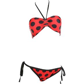 Miraculous Ladybug Officially Licensed Swimsuit Women Red Black Halter Top with Tie-Side Bottom Two-Piece Bikini Set