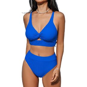 CUPSHE Women's Bikini Sets High Waisted Swimsuit Crisscross Back V Neck Cutout Adjustable Straps Textured