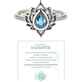 NIQIPOK To My Dearest Daughter Lotus Promise Ring From Mom No Mud No Lotus Dainty Ring for Women Lotus Flower Yoga High Polish Tarnish Resistant Zircon Inlaid Ring Inspirational Jewelry Gift