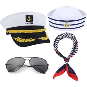 Yacht Captain Hat Sailor Ship Cap Set Scarf Sunglasses Sailor Hat Boat Captains Dressing up Party for Men Women Halloween Costume Accessory