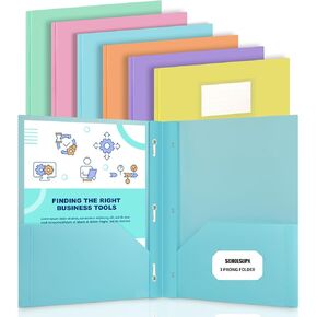 Plastic folders with Pockets, 6 Pack 3 Prong with 2 Pocket for 8.5" X 11 " Letter Size Paper, Colored Pockets folders for Docments (6)