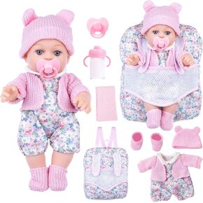 12 Inch Baby Doll Backpack Playset with Dolls Clothes and Accessories Included Backpack, Washcloth, Bottles, Nipple,Socks, Hats