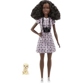 Barbie Careers Fashion Doll & Accessories, Photographer with Petite Body Type Wearing Removable Heart-Print Dress with Camera & Puppy