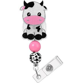Prasacco Cute Cow Retractable Badge Holders, Id Badge Holders Retractable Clip Badge Reel Holder with Clip ID Card Holders Acrylic Badge Reel for Nurses Doctor Office Workers Students