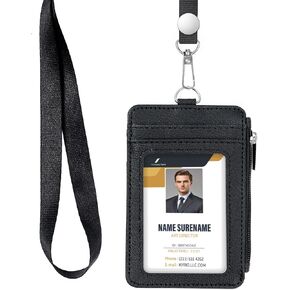 Badge Holder with Lanyard,Trifold Leather ID Card Holder with Clear ID Window,5 Card Slots for Name Tag,Credit Card,Bank Card and Passport,Velcro Closure(Black)
