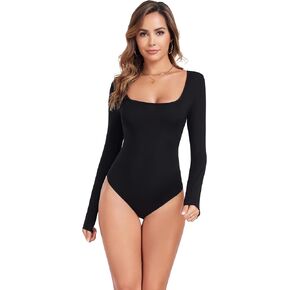 Long Sleeve Bodysuits for Women Square Neck Body Suit Tops Women's Slimming Basic Sexy Tops