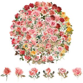 100 Pcs Rose Stickers Small Flower Stickers Rose Flower Vinyl Stickers Decals Nature Floral Stickers Vintage Scrapbook Stickers Transparent Flower Stickers for Scrapbooking Envelope Junk Journal