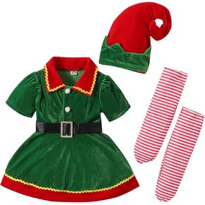 Kids Toddler Baby Girls Christmas Outfits Elf Costumes Santa's Helper Fancy Dress Xmas Cosplay Elf Hat Stockings