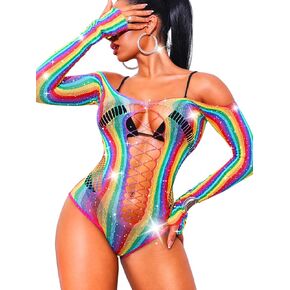 Kaei&Shi Rave Outfits For Women, Rainbow Rhinestone Bodysuit Fit 0-16, Exotic Fishnet Stripper Dance, Plus Size Sexy Lingerie