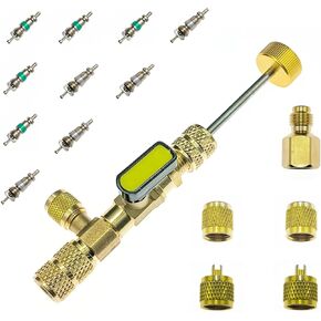Valve Core Remover Tool & HVAC Service Wrench Set with Hex Bit Adapters, Dual Size SAE 1/4 & 5/16 Port for R410A R22, 4 in 1 Refrigeration Service Wrench, 20 PCS Valve Cores, 10 PCS Brass Nuts