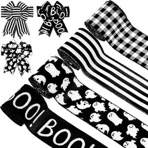 Whaline 4 Rolls Halloween Wired Ribbon Black White Ghost Pattern Gift Wrapping Ribbon Buffalo Plaid Stripe Decorative Ribbon for Crafts Bow Wreath Gift Wrapping Halloween Party Decor, 24 Yards