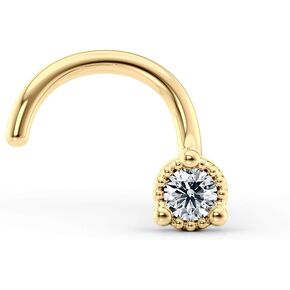 Lavari Jewelers 20 Gauge Curved Screw Nose Stud for Women - 14k Yellow Gold Cubic Zirconia Nose Ring - Unisex Stud Hypoallergenic Nostril Piercing Jewelry - 20G Body Piercing for Men