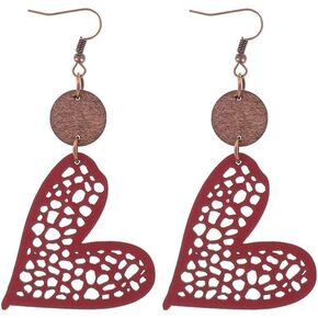 Love Heart Shaped Wooden Drop Dangle Earrings for Women Girls,Lighweight Handmade Couples Valentine's Day Jewelry Gifts