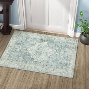 LIVEBOX Washable Area Rug 2x3 - Farmhouse Indoor Entry Rug Mat Boho Low-Pile Small Neutral Rug Front Door Rug, Floral Door Mat Carpet Non-Slip Farmhouse Rug for Entryway Bathroom, Tan Beige