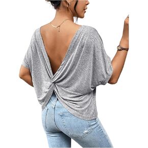 WDIRARA Women's Twist Backless Oversized T Shirts Asymmetrical Hem Round Neck Short Sleeve Casual Tee Tops