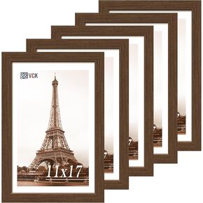 VCK 11x17 Picture Frame 5 Pack, Brown Solid Wood Poster Frame with Exclusive Wood Grain, Wall Mounting Hanging