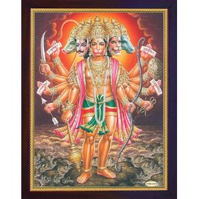 Handicraft Store Hanuman Panch mukhi Holding Weapons, A Poster Print with Frame for Home Decor and Gift Purpose.
