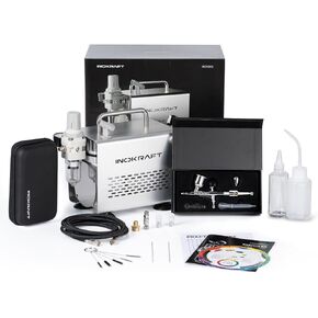 InoKraft Airbrush Kit with Air Compressor- 1/6 HP Quiet Air Compressor, Gravity Airbrush with 3 Tips 0.2, 0.3 & 0.5 mm- Hose, Holder, How-To Guide- Airbrush Paint Set for Model Painting gift 4 Colors