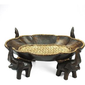 AeraVida Triumphant Elephants Rain Tree Wood Tray Hand Carved