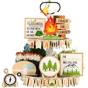 25 Pcs Camping Tiered Tray Decor Set Farmhouse Smores Tiered Tray Wood Sign Decor Camping Party Decorations Campfire Barbecue Centerpiece Camping Decorative Rustic Kitchen Decor
