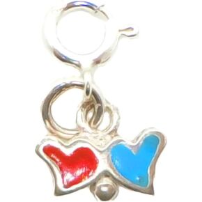 Sterling Silver Enamel Double Heart Charm with Clasp, Red and Blue