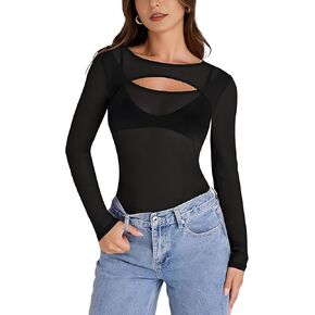 Sexy Mesh Long Sleeve Bodysuit for Women Cutout Front Crew Neck Sheer Leotard Print Body Suit Tops