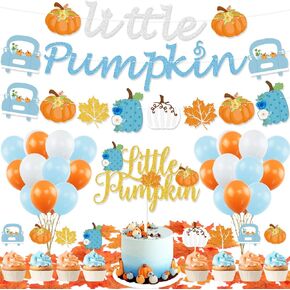Little Pumpkin Baby Shower Decorations Boy, Blue Little Pumpkin Banner Cake Topper Pumpkin Truck Maple Leaf Garland Balloons for Boy Fall Baby Shower Little Pumpkin First Birthday Party Decorations