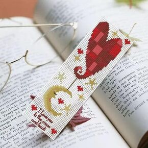 DIY Blank Canvas Heart-Shape and Love Moon Back Bookmarks Counted Cross Stitch Kits for Adult Kid Beginner Embroidery Crafts Needlework Bookmark for Student Gift 20x6cm