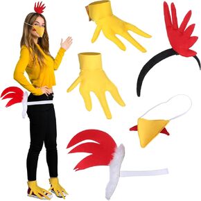 5 Pcs Rooster Chicken Costume Accessories for Adults Includes Chicken Feet Chicken Tail Rooster Comb Headband Rooster Beak Nose Mask Chicken Outfit for Halloween Thanksgiving Costume
