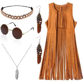 60s 70s Outfits for Women 6Pcs Disco Hippie Costume Clothes Cowgirl 70s Cosplay Tops Women Fringe Vest Accessories