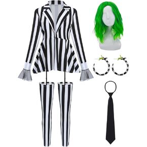 Women Black and White Striped Blazer with Legging Pants Tie Wig Earrings Halloween Costumes Cosplay Role Play Suit