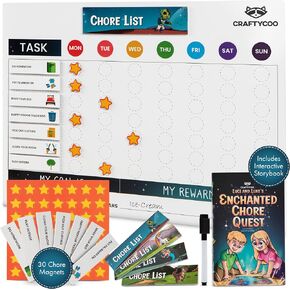 Magnetic Chore Chart for Kids - Engaging Behavior Chart for Kids at Home with 30 Chore Magnets, 49 Magnetic Stars, and Luci & Luke's Enchanted Chore Quest Book to Teach Responsibility