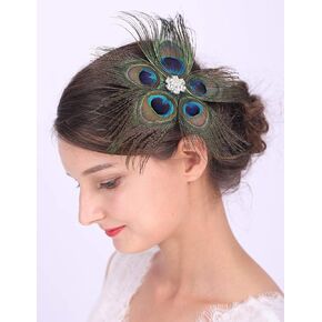 Teyglen 1920s Feather Headpiece Peacock Feather Hair Clip Feather Fascinator with Crystal Roaring 20s Flapper Headpiece Hair Jewelry for Women Girl (Style 1)