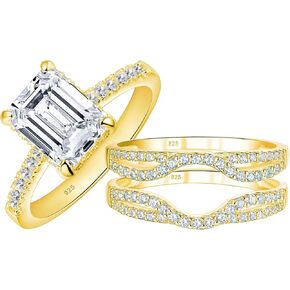 SHELOVES 18K Gold Plated Silver Emerald Cut Engagement Ring Sets for Women with Adjustable Ring Enhancers Sz 7