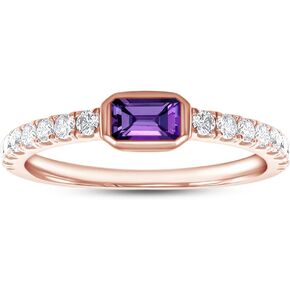 Emerald Cut Simulated Birthstone & Round Lab Created Moissanite Bezel Set Stackable Wedding Ring Band for Women In 14K Gold Plated Sterling Silver (0.50 Cttw)