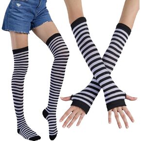 Striped Knee High Stockings Stripe Thigh High Socks and Winter Arm Warmers Sun Protection Arm Sleeves Black and Grey