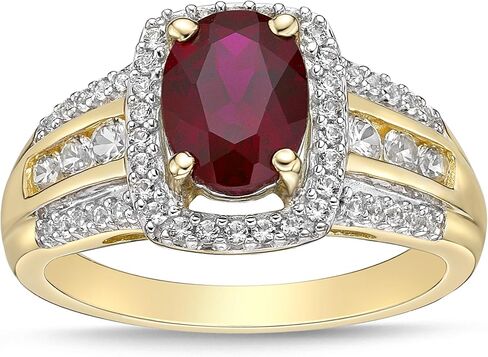 10K Yellow Gold, Lab Created Oval Gemstone & Lab Created White Sapphire Cushion Halo Fluted Filigree Cathedral Style Engagement Ring - Choice of Color in Saudi Arabia