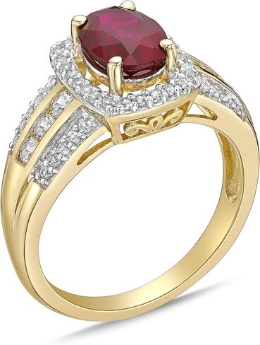 10K Yellow Gold, Lab Created Oval Gemstone & Lab Created White Sapphire Cushion Halo Fluted Filigree Cathedral Style Engagement Ring - Choice of Color in Saudi Arabia
