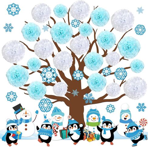 Winter Bulletin Board Decoration Set Winter Wonderland Cutouts for Classroom Winter 3D Tree with Paper Pom Poms Snowflake Bulletin Board for School Classroom Nursery Christmas Party Wall Door Decor in Kuwait