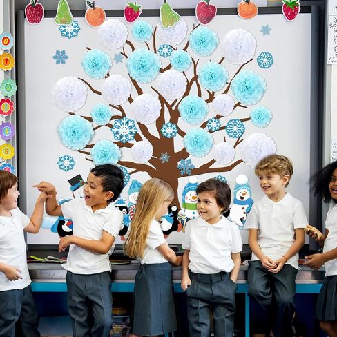 Winter Bulletin Board Decoration Set Winter Wonderland Cutouts for Classroom Winter 3D Tree with Paper Pom Poms Snowflake Bulletin Board for School Classroom Nursery Christmas Party Wall Door Decor in Kuwait