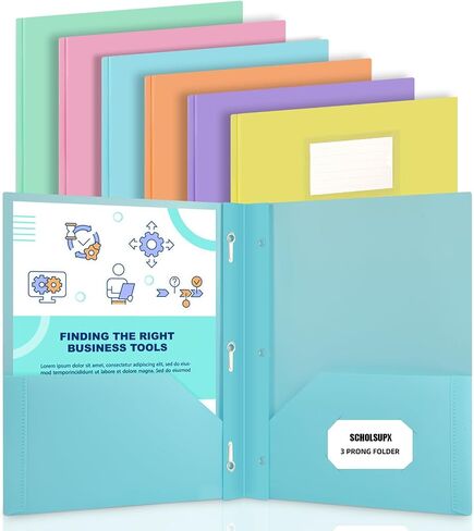 Plastic folders with Pockets, 6 Pack 3 Prong with 2 Pocket for 8.5" X 11 " Letter Size Paper, Colored Pockets folders for Docments (6) in Saudi Arabia