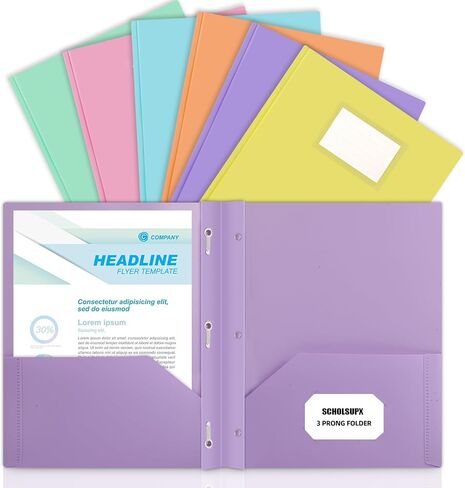 Plastic folders with Pockets, 6 Pack 3 Prong with 2 Pocket for 8.5" X 11 " Letter Size Paper, Colored Pockets folders for Docments (6) in Saudi Arabia