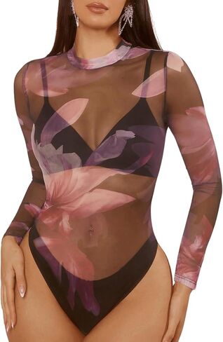 SHENHE Women's See Through Floral Mesh Long Sleeve Sexy Party Night Sheer Bodysuit in Saudi Arabia