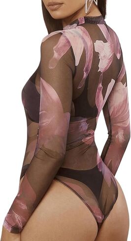 SHENHE Women's See Through Floral Mesh Long Sleeve Sexy Party Night Sheer Bodysuit in Saudi Arabia