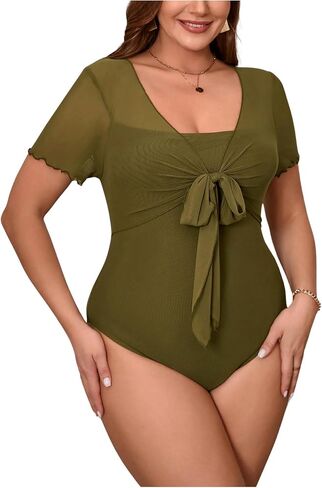 Milumia Women's Plus Size Contrast Mesh Knot Front Short Sleeve Bodysuits in Saudi Arabia