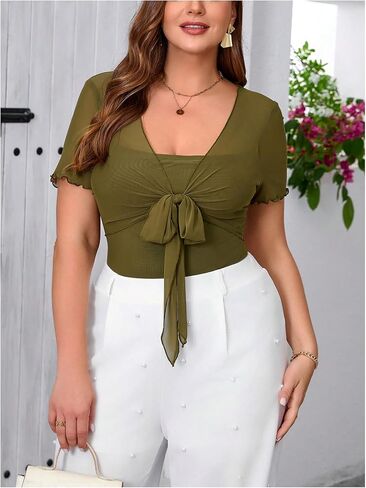 Milumia Women's Plus Size Contrast Mesh Knot Front Short Sleeve Bodysuits in Saudi Arabia